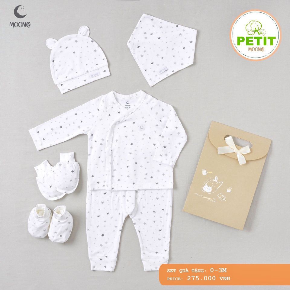 [Gian hàng CHÍNH HÃNG MOON@] Set hộp quà sơ sinh petit 5 chi tiết Moona BST xe, sao, chấm bi