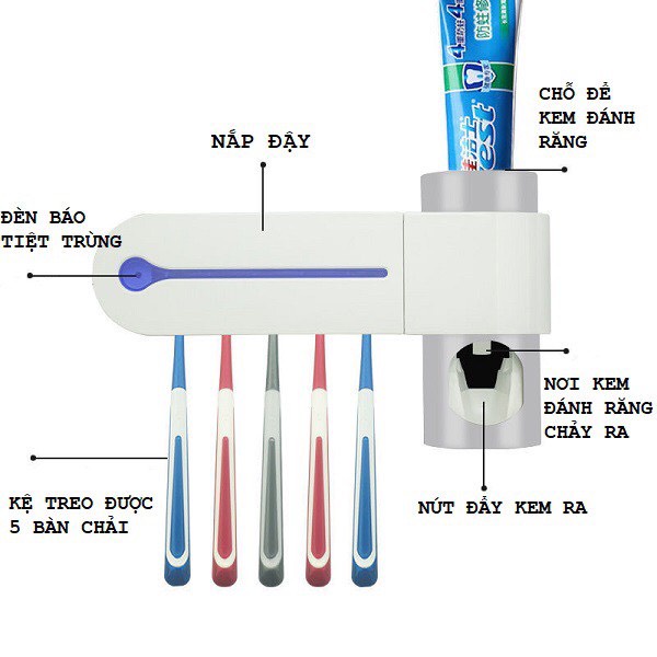 Kệ Treo và Tiệt Trùng Bàn Chải Đánh Răng, Dao Cạo Râu Có Chứa Tia Tử Ngoại Hỗ Trợ Diệt Khuẩn Kèm Bộ Nhả Kem Đánh Răng