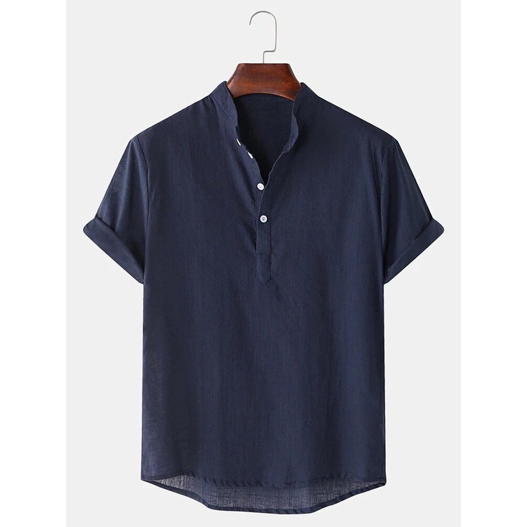 BEFOYI Men's Shirt Cotton Short Sleeve Solid Color Stand Collar Top MJ5122