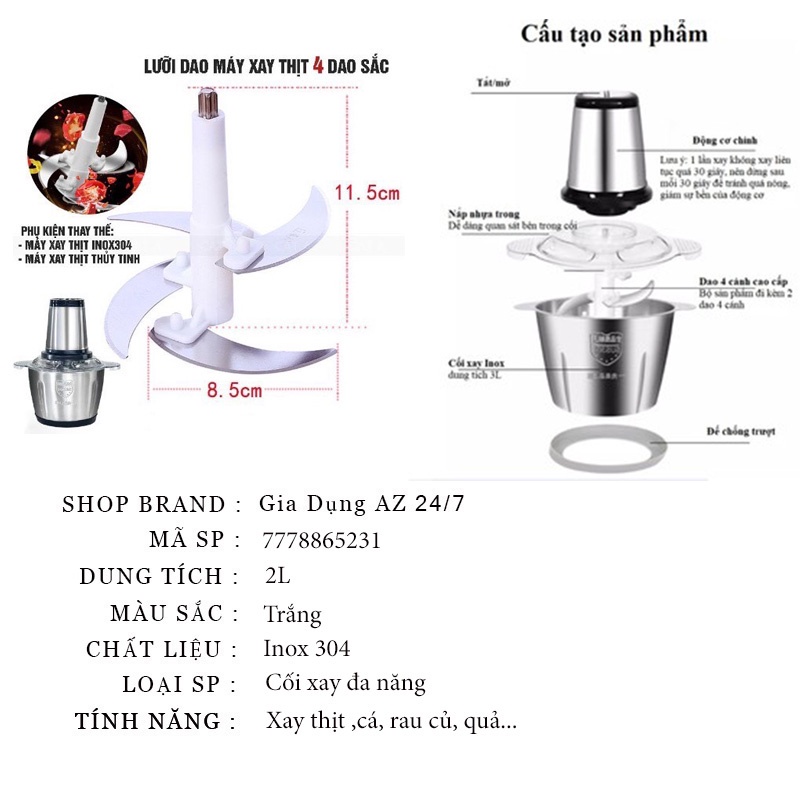 Máy xay thịt cối xay đa năng 2L say sinh tố thịt cá rau củ hoa quả Inox 304 4 lưỡi dao thép siêu bền AZ 7778865231