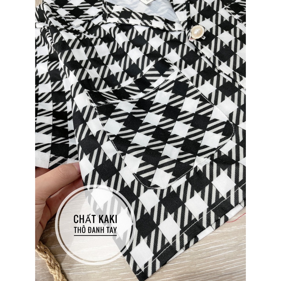 Set vest kẻ chân váy xếp li dáng dài LT973
