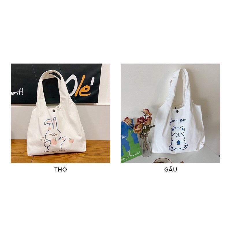 Túi tote vải canvas liền thân họa tiết dễ thương hình con thỏ có ngăn phụ cúc bấm siêu hot