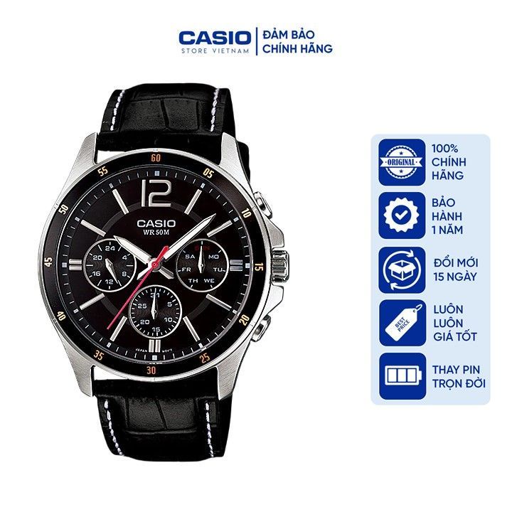 Đồng hồ Nam Casio MTP-1374L-1A, đồng hồ chính hãng, dây da đen mặt đen, 6 kim