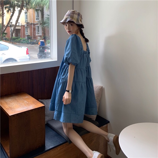 (Có sẵn) Đầm denim cổ vuông- tay phồng-ảnh thật- Hàng nhập (có size cho bạn 80kg) | BigBuy360 - bigbuy360.vn