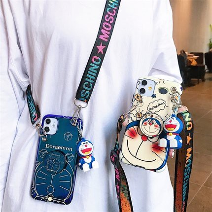 Ốp điện thoại Doraemon có dây đeo và giá đỡ thích hợp cho iPhone 12 Mini 11 Pro XS Max X XR 8 7 6 6s Plus 5 SE