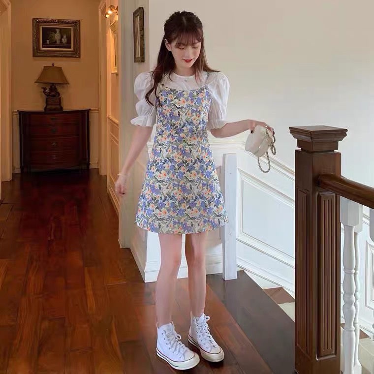 COZOK Bộ Đầm Hoa + Áo Tay Phồng Xinh Xắn Dành Cho Nữ