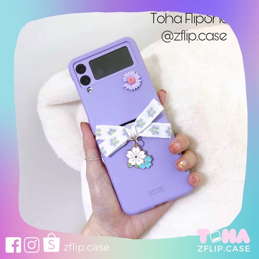 [HÀNG MỚI] Ốp Samsung Z Flip 3 / Z Flip 4 Nơ hoa tím + bộ dán màn hình và bản lề cực xinh / Z Flip3 / ZFlip3 / Z Flip4