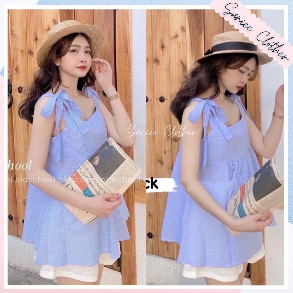 Set áo babydoll 2 dây kẻ caro kèm quần kaki trắng mặc hè thoáng mát Sanniee Clothes