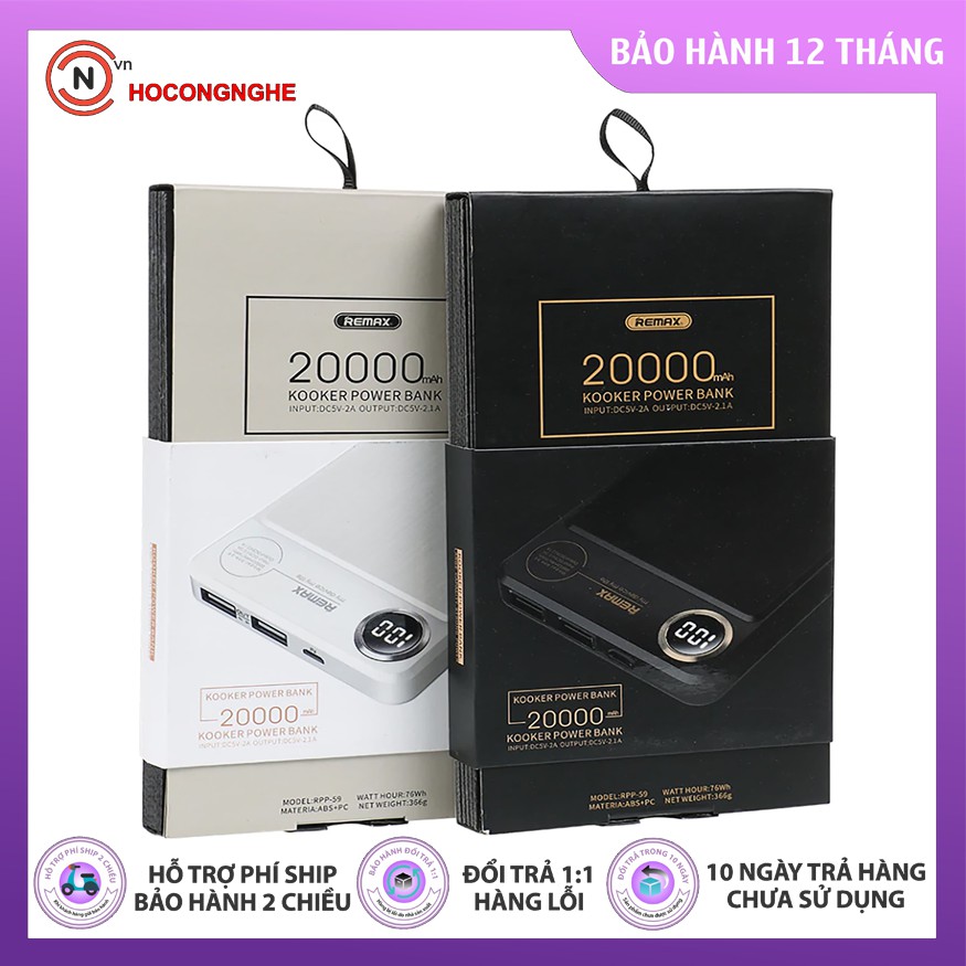 [Mã 159ELSALE hoàn 7% đơn 300K] Pin sạc dự phòng cao cấp Remax RPP-59 20000mAh màn hình LCD