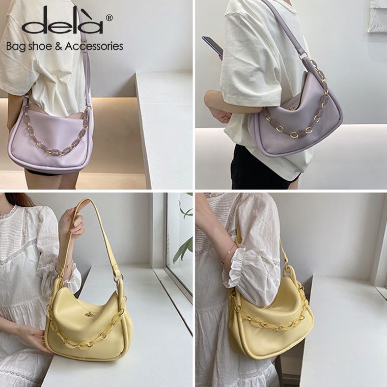 Dela Túi Đeo Vai Kẹp Nách Bằng Da Mềm Cỡ Lớn Phối Dây Đeo Sợi Xích Acrylic Thời Trang Cho Nữ