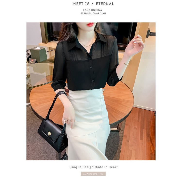 Áo sơ mi satin chiffon ghép nối tay dài 7 tấc màu trắng thời trang xuân hè cho nữ