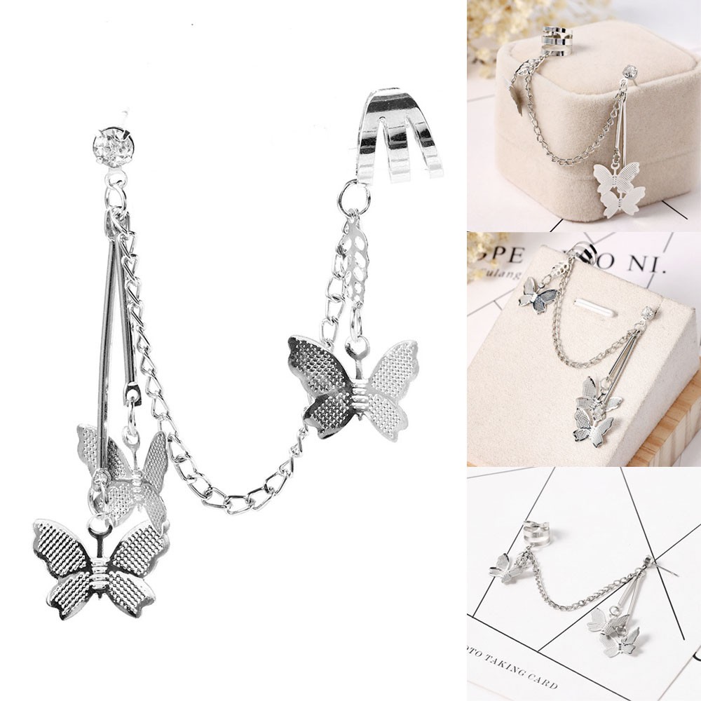 Khuyên tai gắn chuỗi xích dài hình bướm phong cách thời trang cá tính dành cho nữ