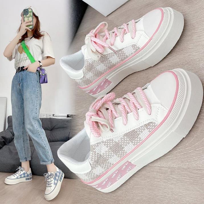 Giày thể thao nữ vải caro đan kim tuyến đế cao 4cm Luxyshoe