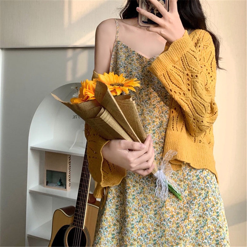 Đầm hoa XINLANYASHE 2 dây kiểu Pháp dáng dài thanh lịch nhẹ nhàng cho nữ váy thiết kế tay bồng