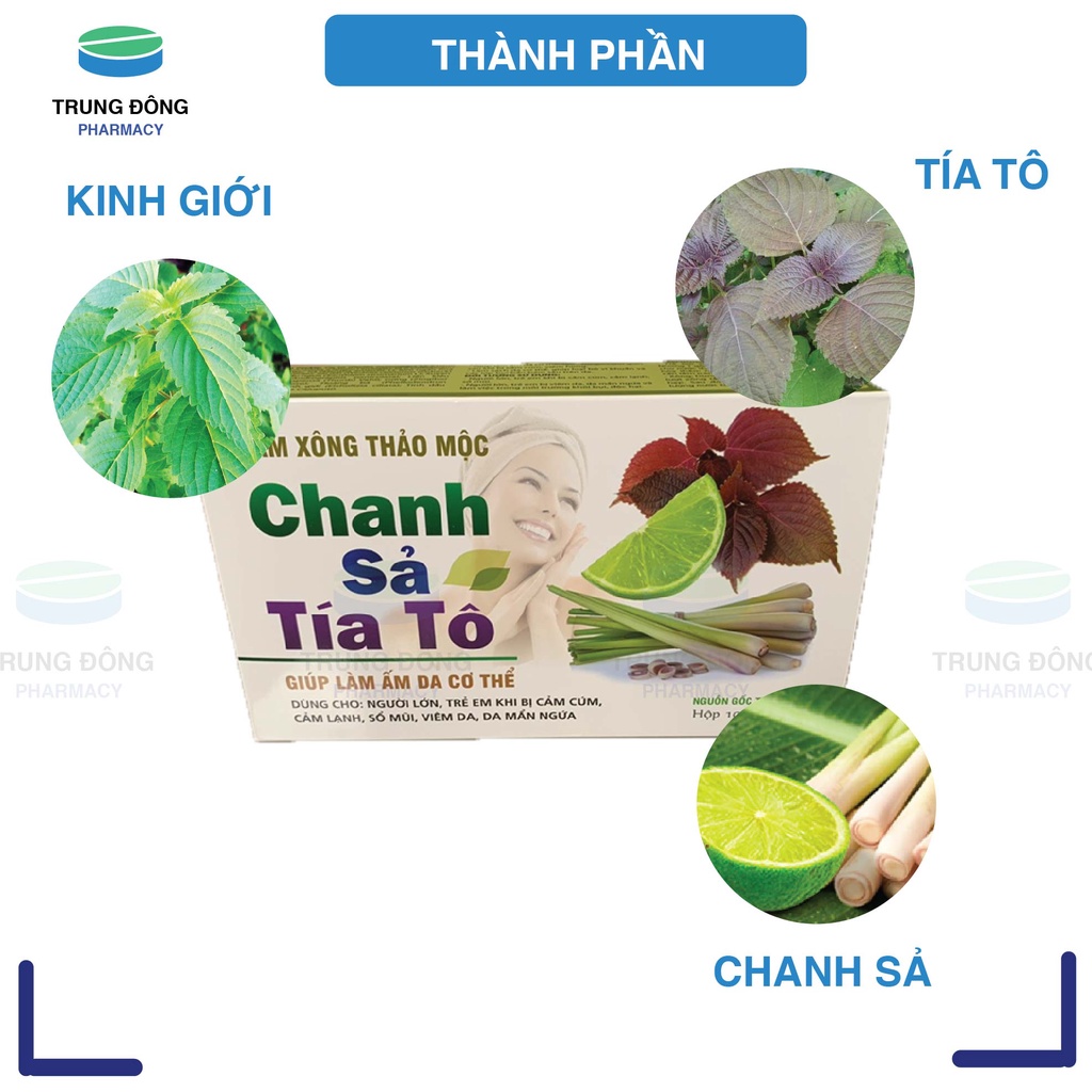 Tắm xông thảo mộc Chanh Sả Tía Tô, nguồn gốc thảo dược giúp làm ấm da cơ thể sau cúm, hộp 10 gói - Trung Đông Pharmacy