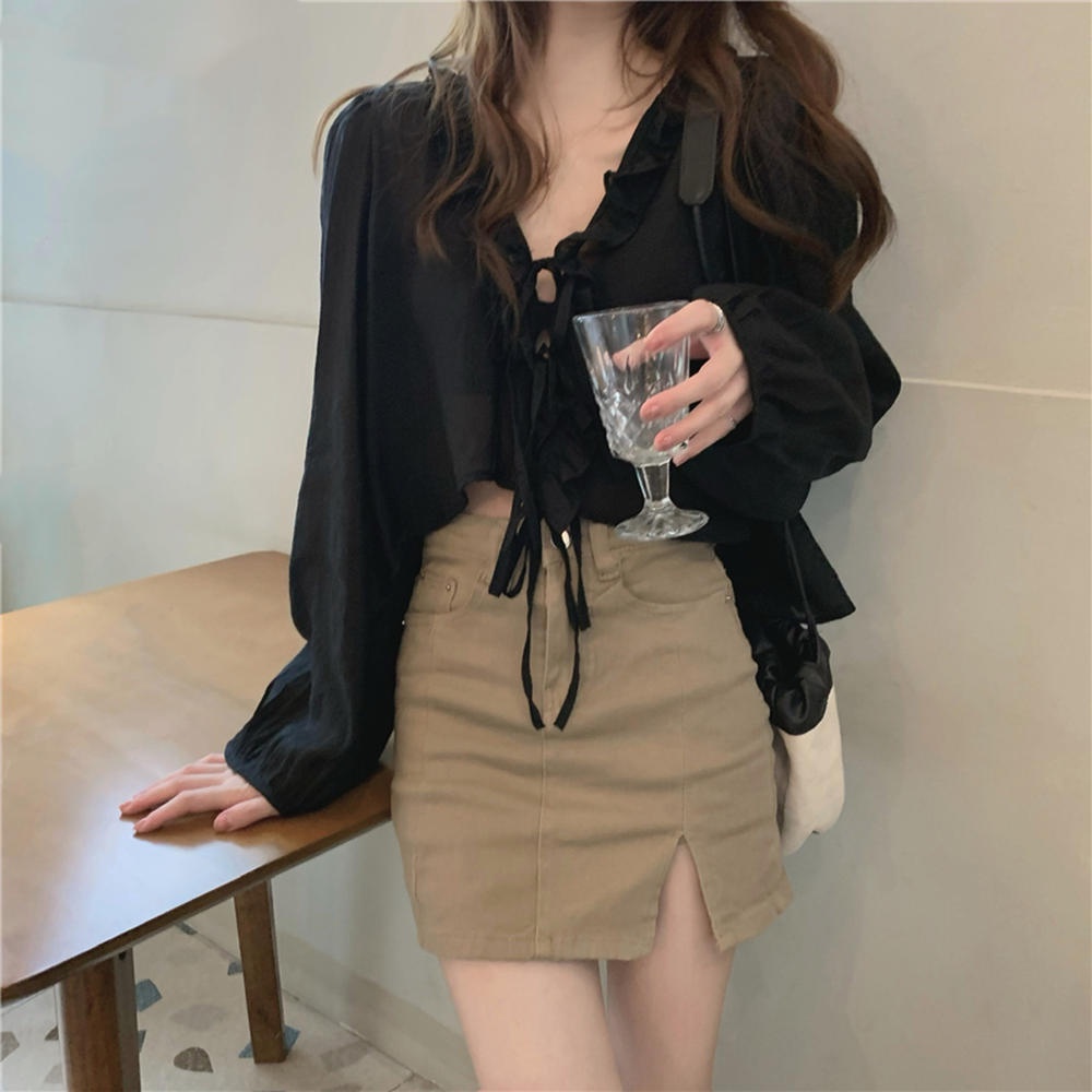 Áo Sơ Mi Tay Dài Cổ Lá Sen Cột Dây Màu Đen Thời Trang 50805