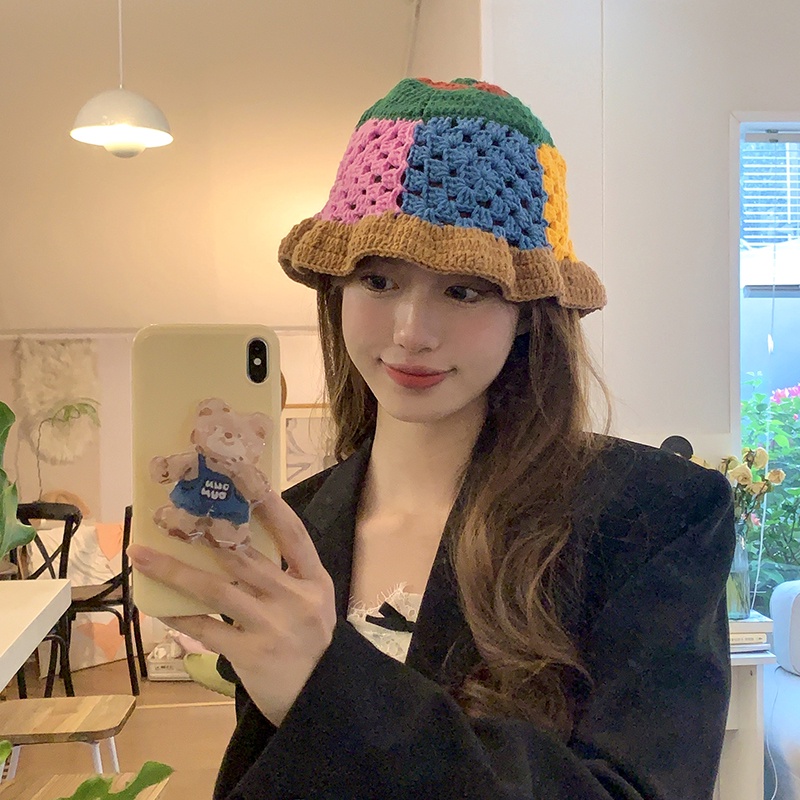 Mũ Bucket Dệt Kim Tay Bèo Màu Sắc Tương Phản Phong Cách Nhật Bản Thời Trang Thu Đông Cho Nữ