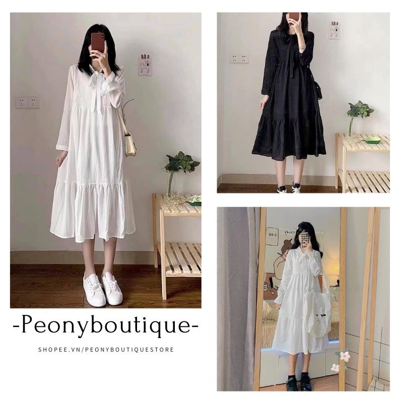 Váy Buộc Nơ 3 Tầng 🌺 Váy suông Ulzzang nữ 3 tầng xòe dáng dài 2 màu ĐEN | TRẮNG SIÊU HOT 🌺