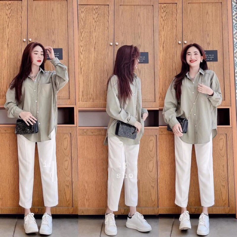 SQ004 Bộ áo sơ mi 6 màu và quần Culottes trắng, bộ áo dài tay có túi ngực mix quần suông ulzzang phong cách, cá tính