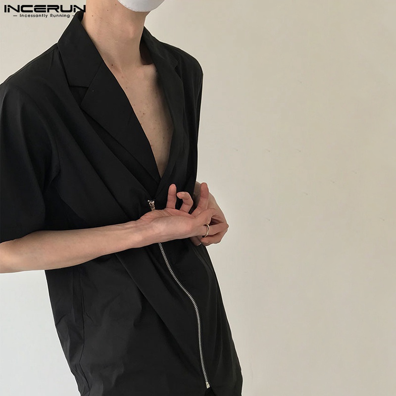 Áo sơ mi INCERUN tay ngắn màu trơn cổ bẻ phối khóa kéo thời trang mùa hè cho nam