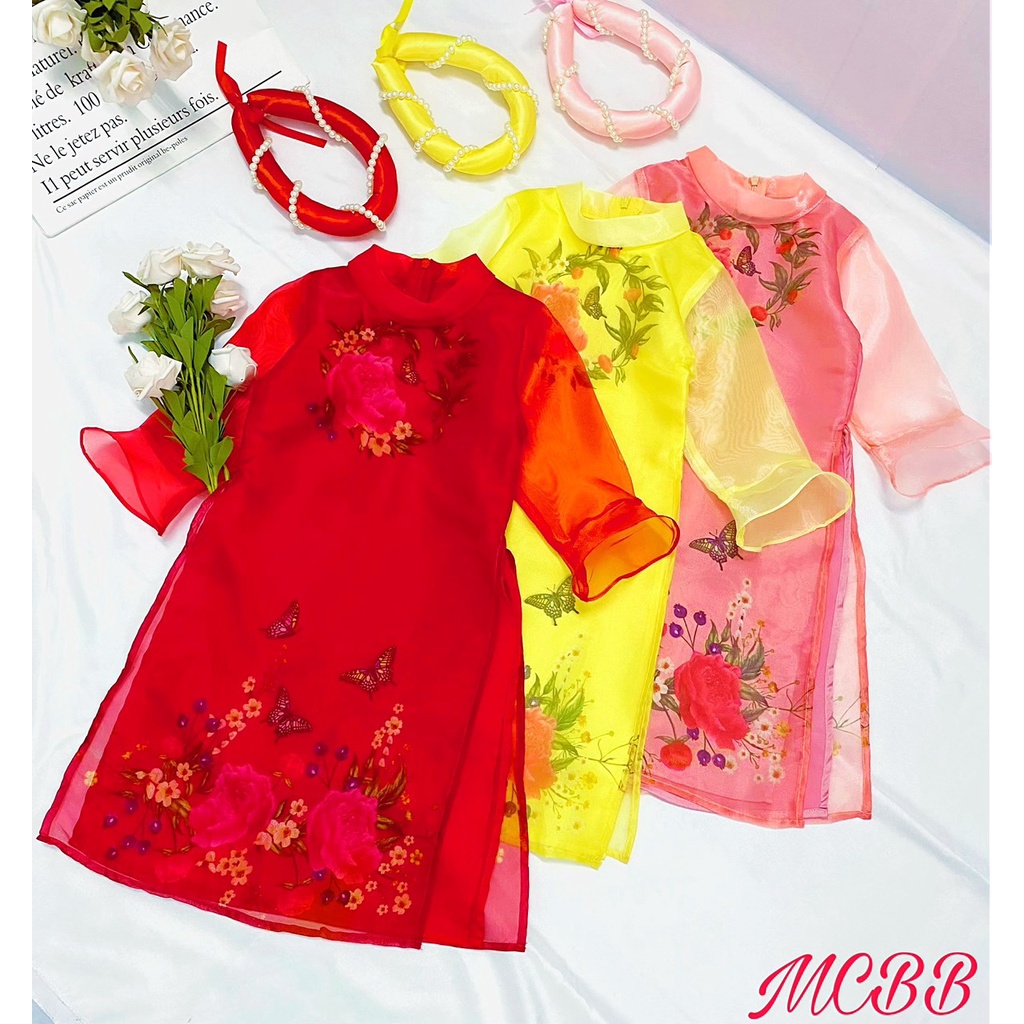Mcbb 9-24kg tặng mấn áo dài cho bé gái áo dài cách tân bé gái tay lỡ lụa thêu hoa cỏ quần áo trẻ em nữ đi chơi 1-16 tuổi
