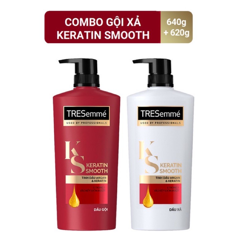 Combo gội 640g + xả 620g TRESemme Keratin Smooth Tinh dầu Argan và Keratin vào nếp suôn mượt