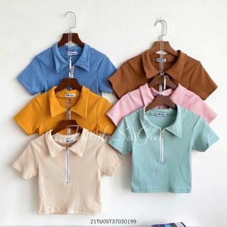Áo tay ngắn cổ bẻ dây kéo ngực ulzzang thời trang nữ VM Shop 21TU05T370301