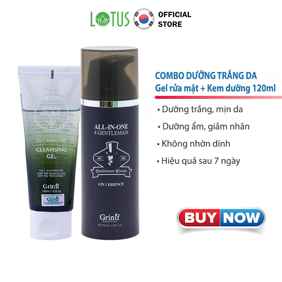 Bộ sản phẩm Kem dưỡng trắng Nam giới Grinif All In One 4 Gentleman 120ml và Gel rửa mặt Grinif TeaTree 100ml