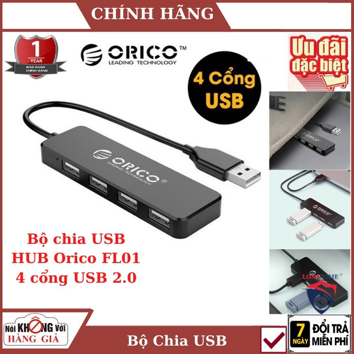 Bộ chia cổng Usb , Hub USB ORICO 4 Cổng FL01-BK-BP - FL01-WH-BP , Bảo hành chính hãng