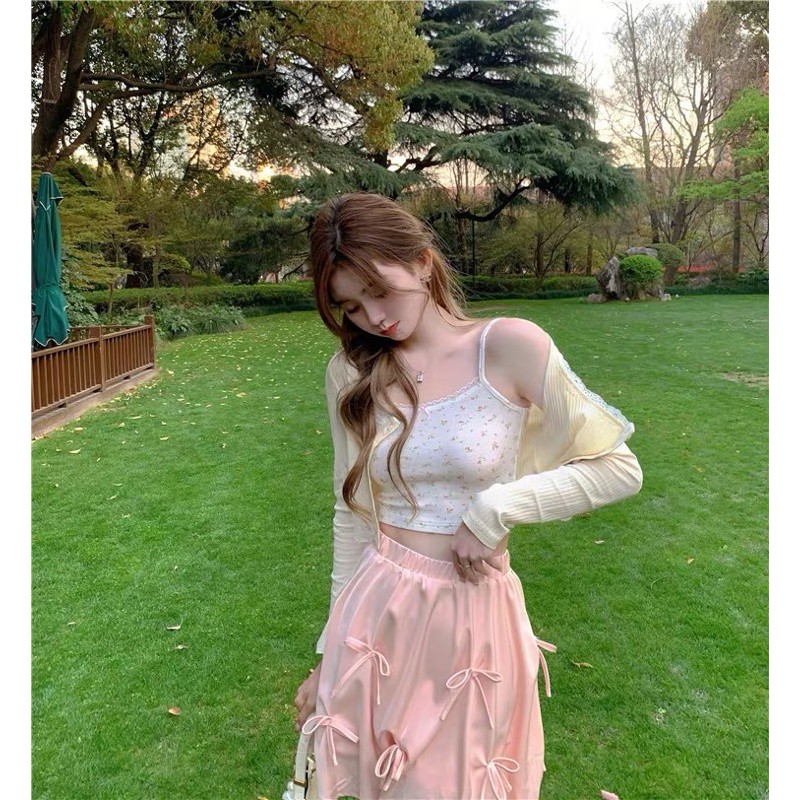 Set áo 2 dây croptop+áo cardigan tay dài + chân váy hồng đính nơ xinh xắn phong cách ulzzang Sam Sam Boutique
