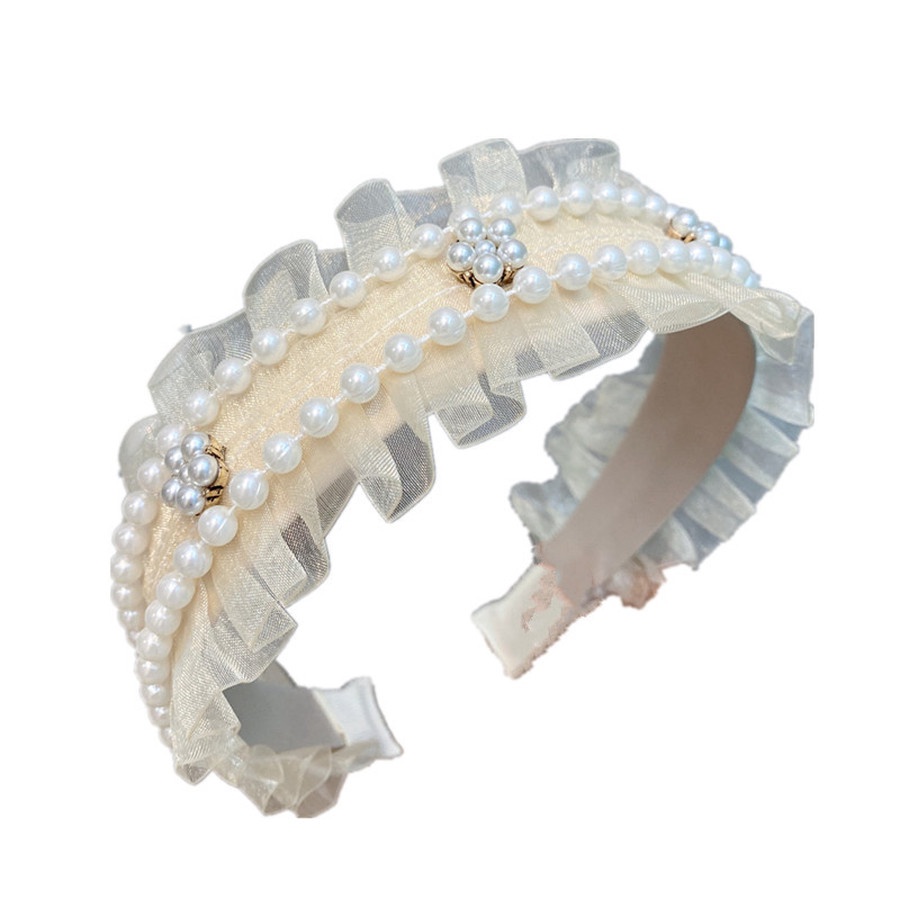 Băng đô bản rộng phối ren đính ngọc trai nhân tạo phong cách Hàn Quốc