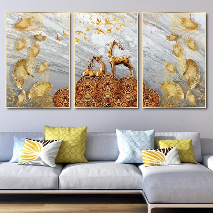 Bộ 3 tranh canvas treo tường Lala trang trí phong thủy mang lại tài lộc kèm đinh 3 chân đa năng