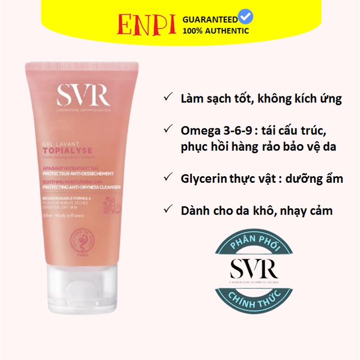 Sữa rửa mặt cho da khô SVR Topialyse Gel Lavant 55ml [PHÂN PHỐI CHÍNH HÃNG]