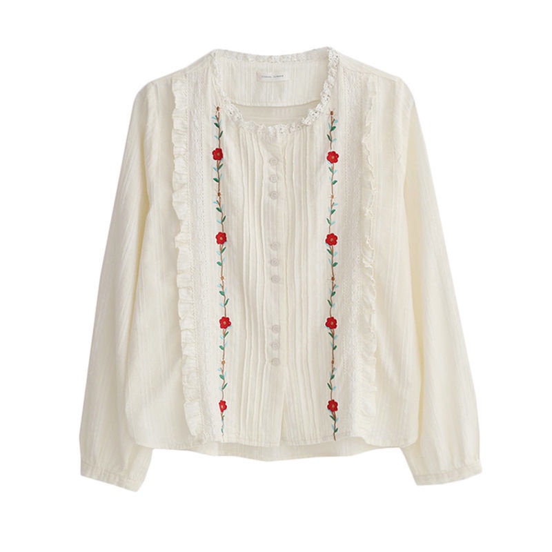 Áo Sơ Mi Dài Tay Xếp Ly Cài Một Hàng Nút Thêu Họa Tiết Phong Cách Hàn Quốc Mới Cho Nữ