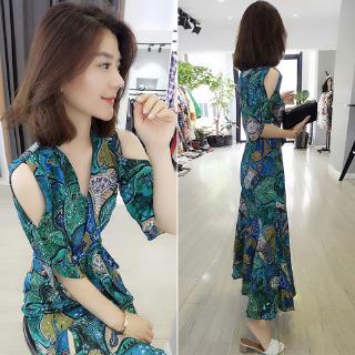 Fashion Women's New Korean Style Floral Long Skirt Off Shoulder Chiffon Dress