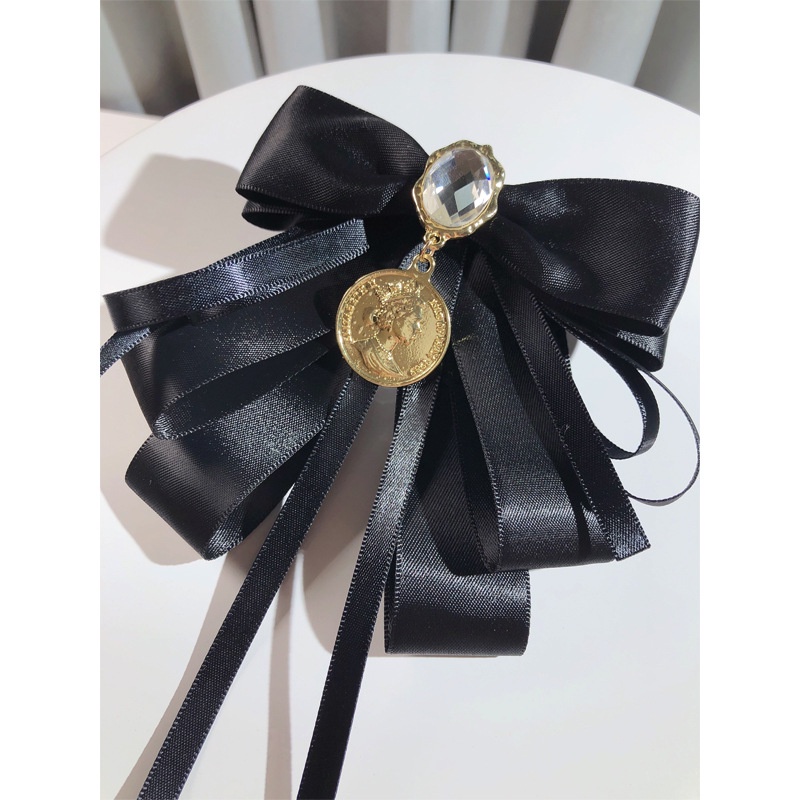 Nơ Cài Cổ Áo Màu Đen Đính Pha Lê Phong Cách Baroque Cổ Điển Kèm Phụ Kiện Cài Áo Cho Nữ
