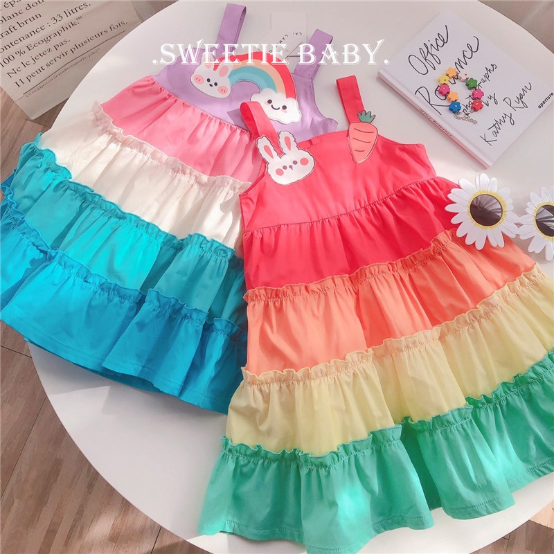 Đầm không tay thiết kế phối màu cầu vồng hoạt hình thời trang Hàn Quốc cho bé gái