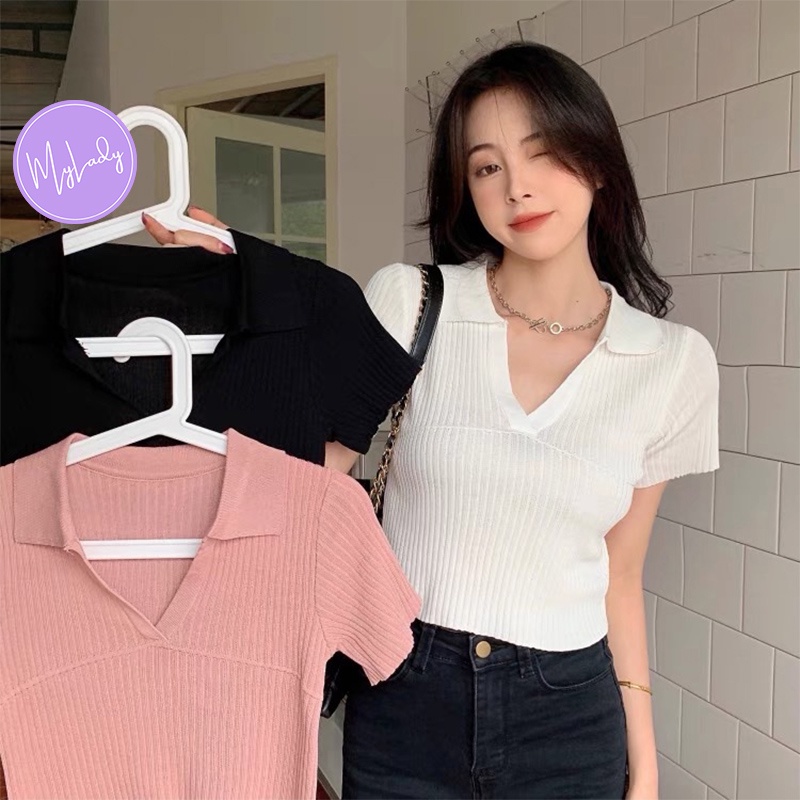 Áo polo croptop dệt kim nữ kiểu cổ v tay ngắn - Áo thun len tăm nữ hàng Quảng Châu cao cấp