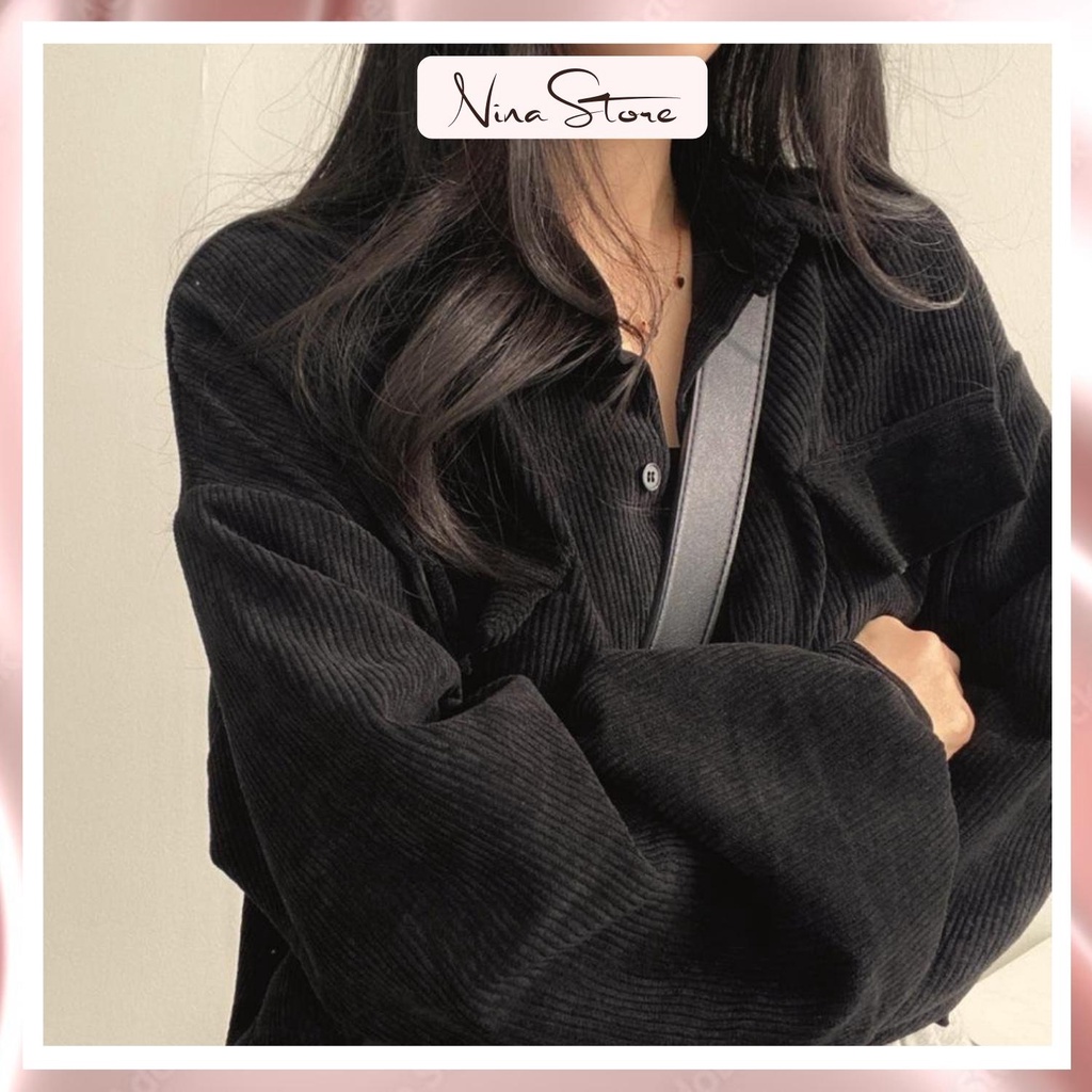 Áo sơ mi nhung nữ croptop tay phồng áo nhung dáng lỡ dài tay dáng rộng hàn quốc NinaStore