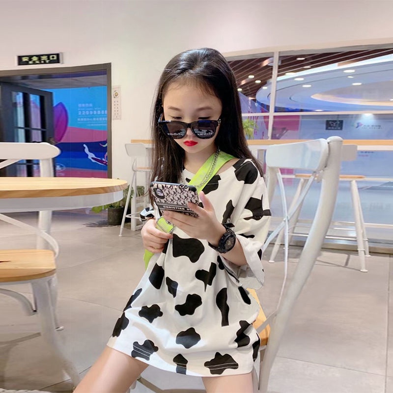 Đầm Thun Cotton Ngắn Tay In Hình Bò Sữa Thời Trang Mùa Hè Hàn Quốc