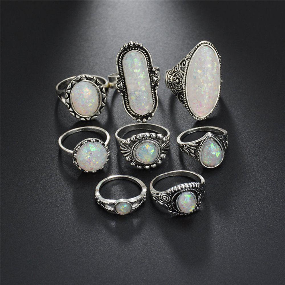 Bộ 8 Nhẫn Hợp Kim Đính Đá Opal Cho Nữ|Điêu Khắc|Trang Sức Vòng Cổ Màu Sắc Bohemian