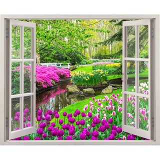 Tranh dán tường cửa sổ 3D VTC cảnh đẹp vườn hoa VT0184 kim sa