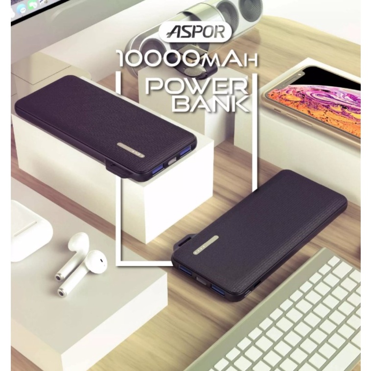 Tặng Cáp Sạc Hãng Sạc dự phòng polymer 10.000mAh Aspor A359 2 cổng sạc USB cho Iphone / Samsung / Xiaomi Flash Change