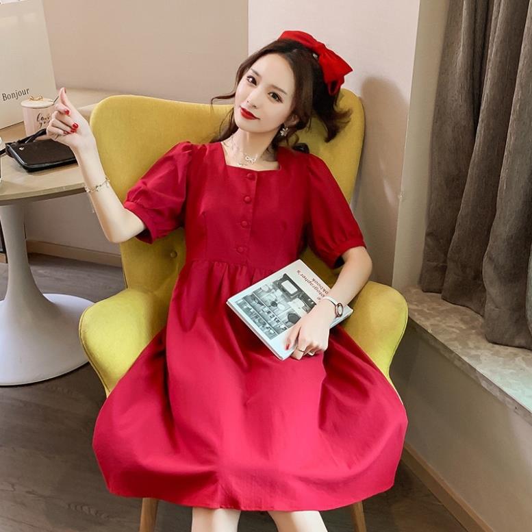 Váy bầu dáng babydoll cổ vuông tay chun xinh xắn kèm dây đai