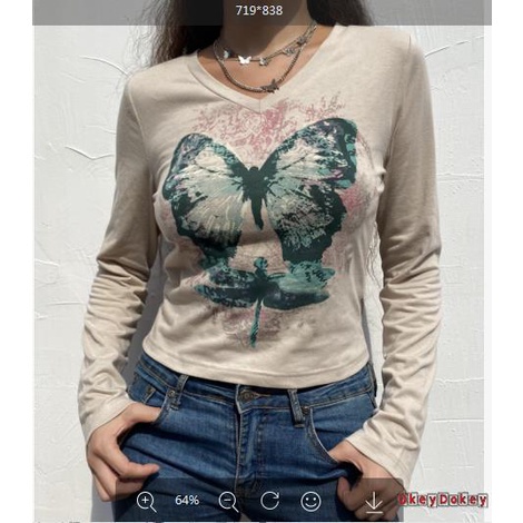 Áo Thun Tay Dài Cổ Tròn Hở Rốn In Họa Tiết Bướm Tương Phản Cho Nữ