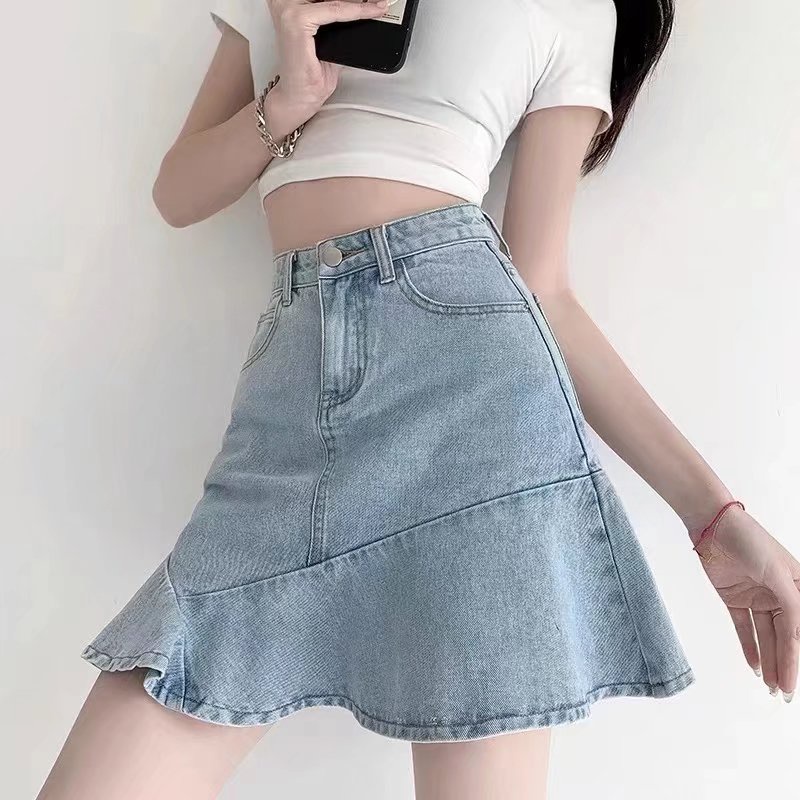 Chân váy SUXI jean chữ A lưng cao màu sắc đơn giản quyến rũ cho nữ