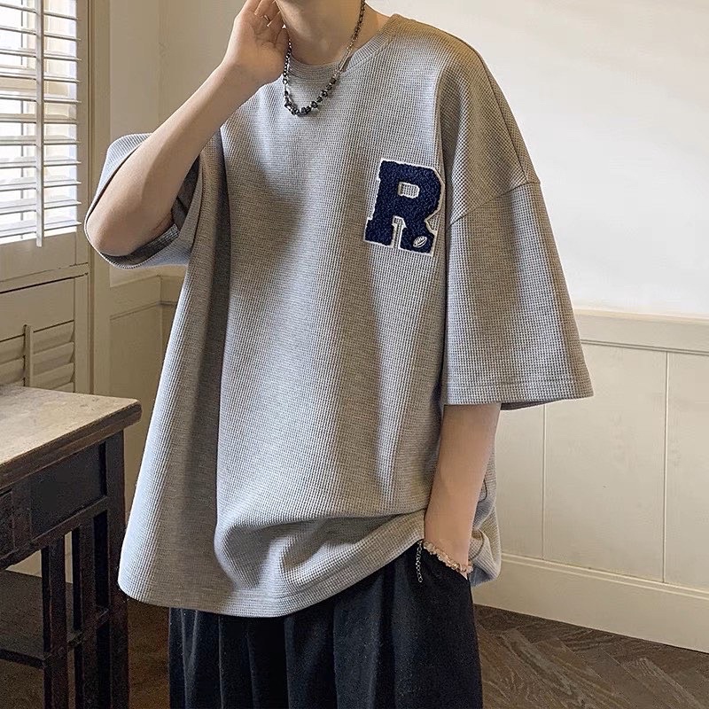 Áo thun unisex,thiết kế tay lỡ dáng rộng thêu xù chữ R 3 màu