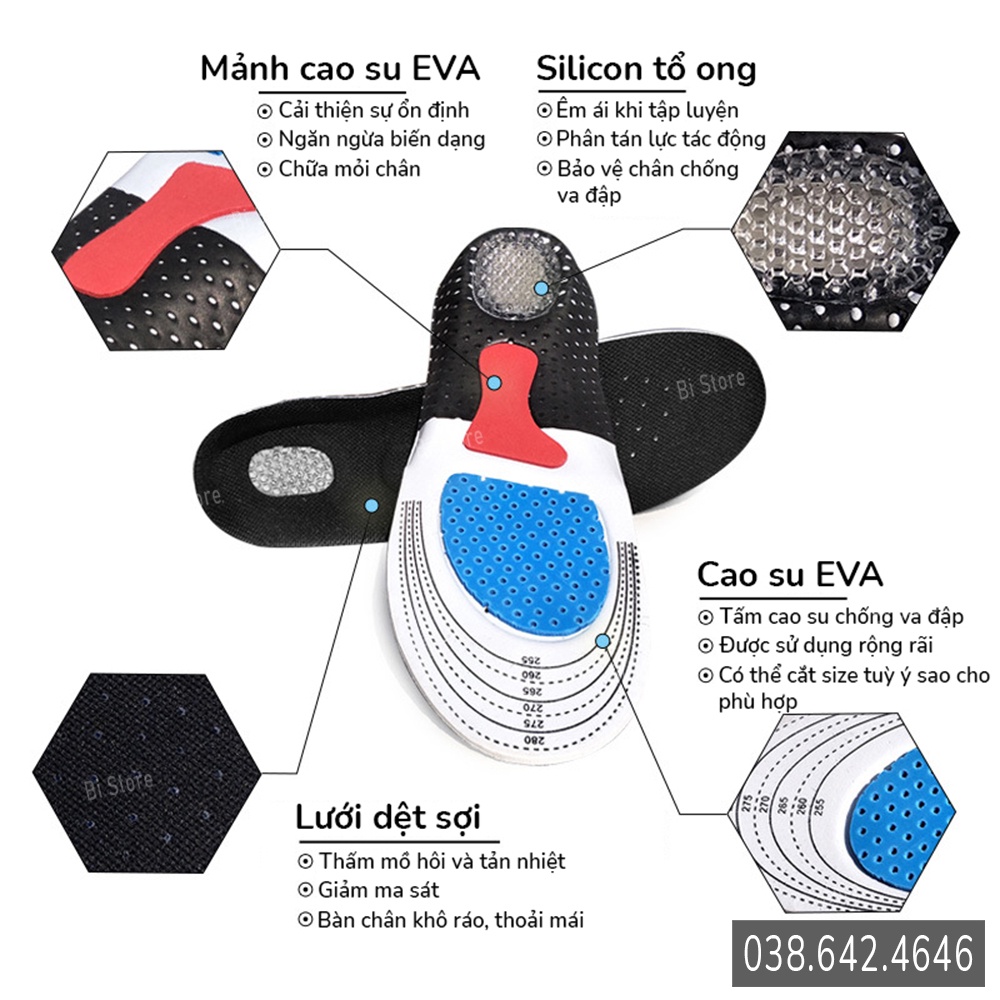 Lót giày thể thao cao cấp đế silicon tổ ong giúp êm chân, vải dệt sợi thoáng khí ngăn ngừa mồ hôi, chống hôi chân