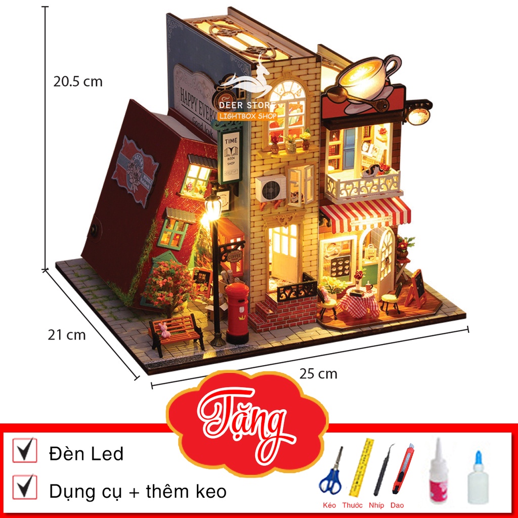 Mô hình Cafe sách Nhà búp bê tự làm bằng gỗ tự làm. Tặng Dụng Cụ và 2 bình KEO. ES007 Mô hình Book Villa Lighbox shop