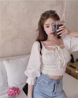 ÁO CROPTOP CỔ U CỘT NƠ (KÈM VIDEO HÌNH THẬT)